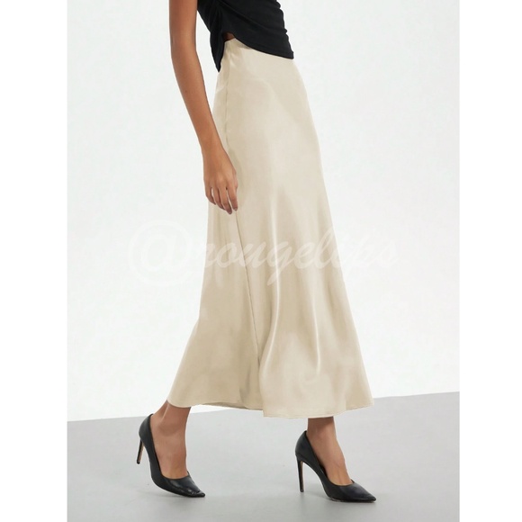 Champagne Beige Satin A-Line Skirt High Waisted Long - Picture 8 of 10